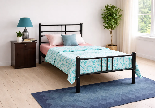 Wrought Iron Single Bed, Mattress 6" and Bedside Table Combo